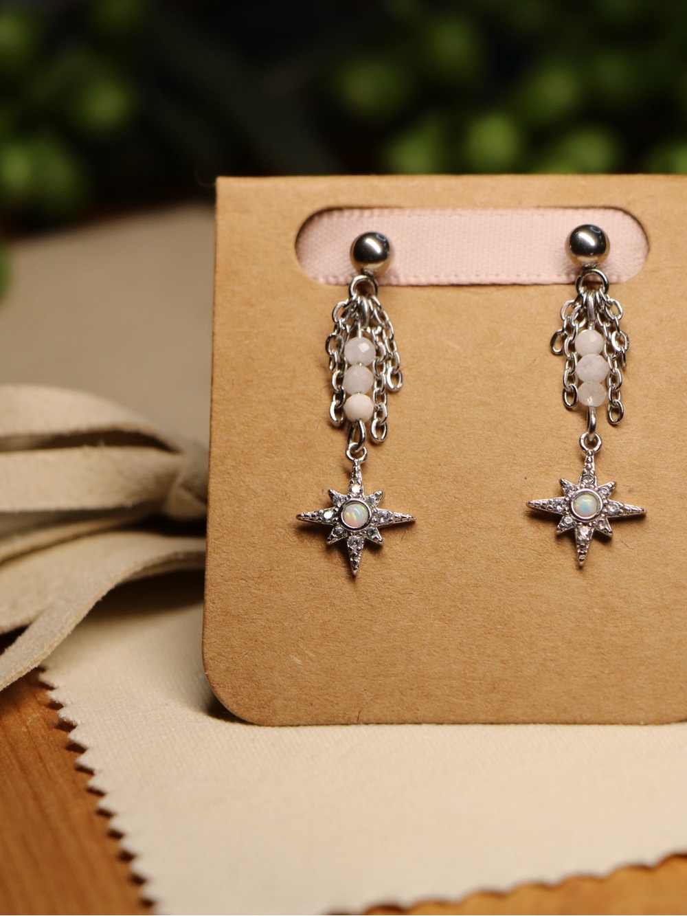 Silver Star Drop Earrings with White Opal accent and moonstone, Non Tarnish - Picture 3 of 3